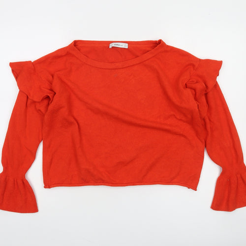 Zara Women Red Ruffle Bell Sleeve Knit Jumper Size 8