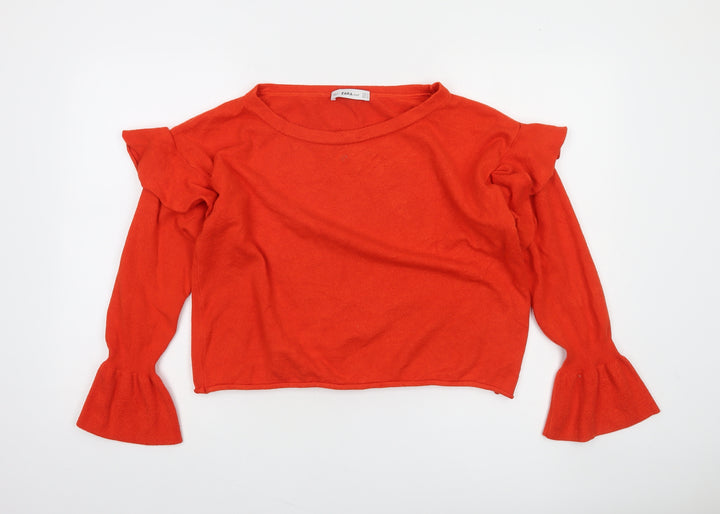 Zara Women Red Ruffle Bell Sleeve Knit Jumper Size 8