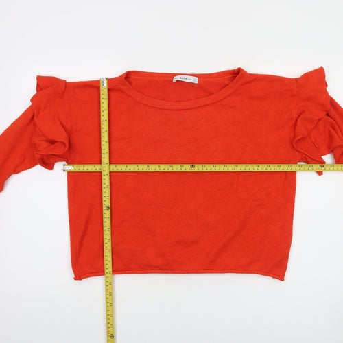 Zara Women Red Ruffle Bell Sleeve Knit Jumper Size 8