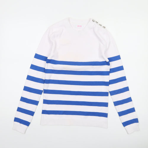 Savida Women's Blue White Striped Crew Neck Jumper XS