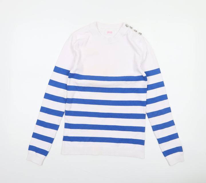 Savida Women's Blue White Striped Crew Neck Jumper XS