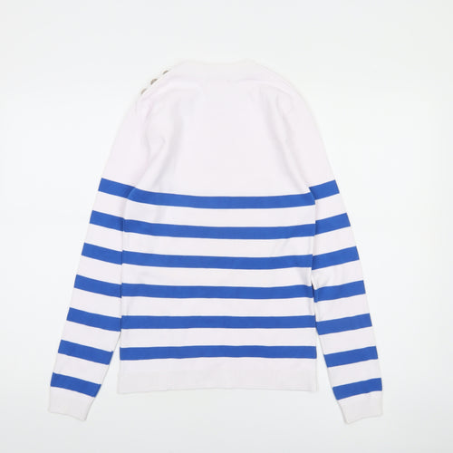 Savida Women's Blue White Striped Crew Neck Jumper XS