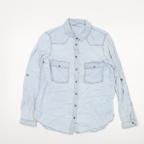Zara Women Blue Lyocell Denim Embroidered Button-Up Shirt Size 8