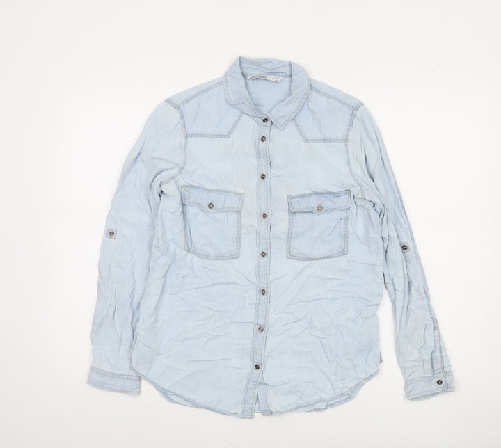 Zara Women Blue Lyocell Denim Embroidered Button-Up Shirt Size 8