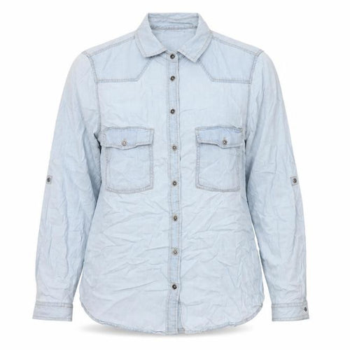 Zara Women Blue Lyocell Denim Embroidered Button-Up Shirt Size 8