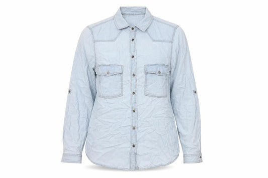 Front view of Zara Women Blue Lyocell Denim Embroidered Button-Up Shirt, size 8