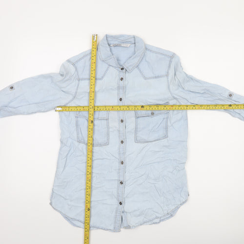 Zara Women Blue Lyocell Denim Embroidered Button-Up Shirt Size 8