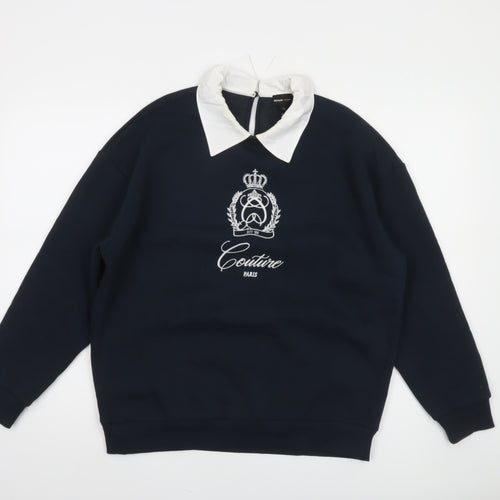 River Island Women’s Navy Collared Pullover Sweatshirt XS Embroidered Crest