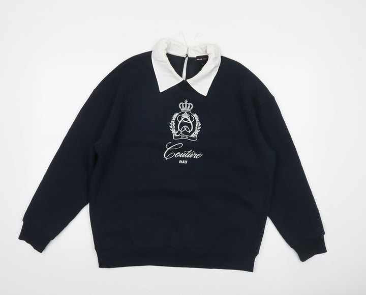 River Island Women’s Navy Collared Pullover Sweatshirt XS Embroidered Crest