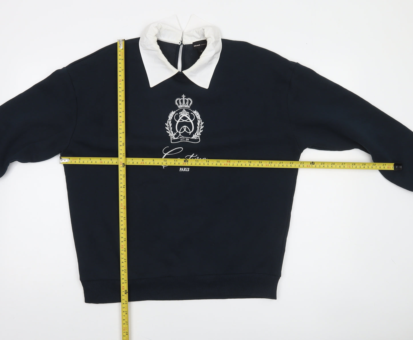 River Island Women’s Navy Collared Pullover Sweatshirt XS Embroidered Crest