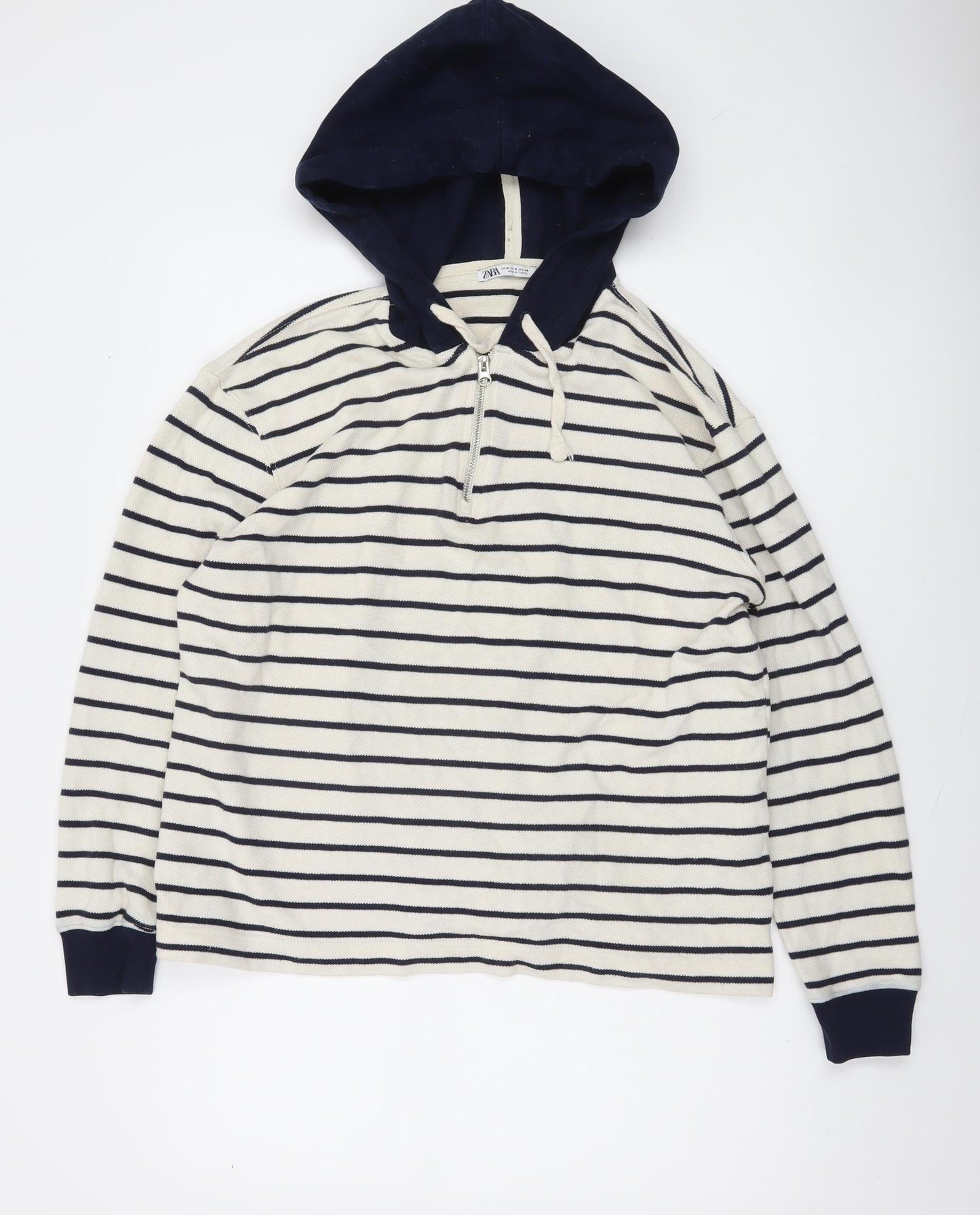 Zara Women Navy Stripe 1/4 Zip Cotton Hoodie M