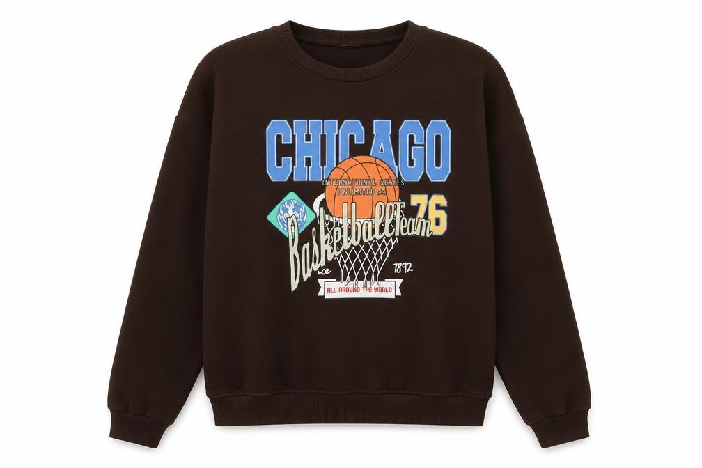 Front view of SHEIN women’s brown chicago basketball print pullover sweatshirt xl