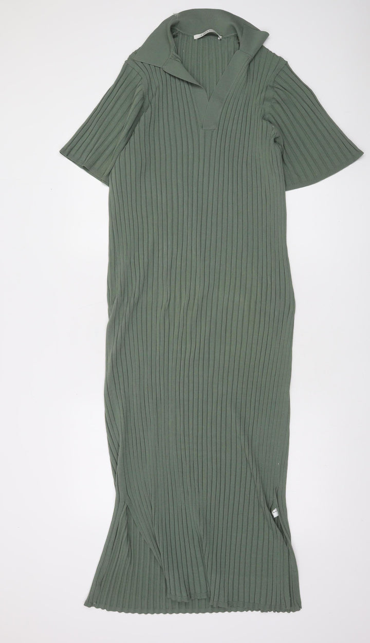 A Day’s March Women Green L Midi Collared Knit Shirt Dress