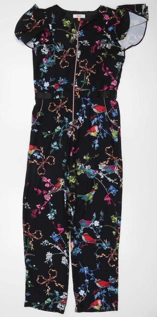 Ted Baker Girls Black Floral Bird Print Belted Jumpsuit Age 14