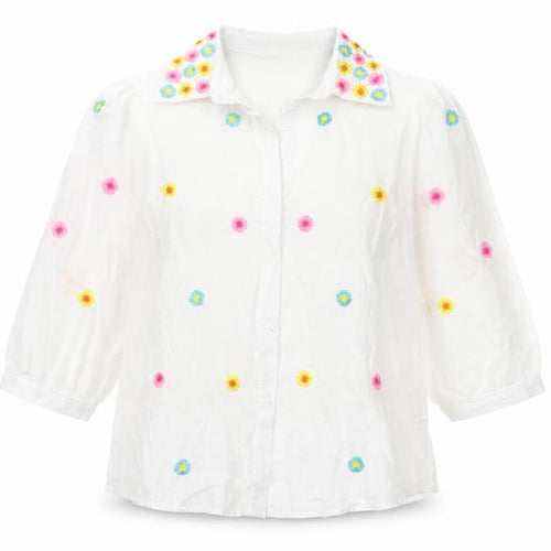 SO SWEET Women's White Embroidered Floral 3/4 Sleeve Button-Up Blouse S