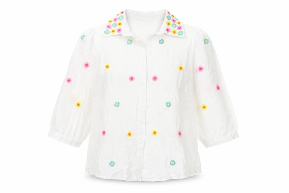 SO SWEET Women's White Embroidered Floral 3/4 Sleeve Button-Up Blouse S
