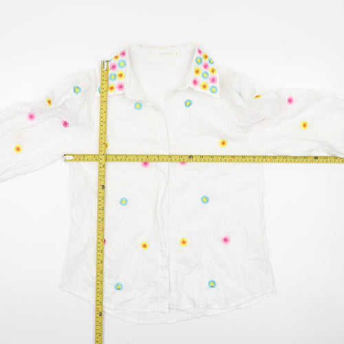 SO SWEET Women's White Embroidered Floral 3/4 Sleeve Button-Up Blouse S