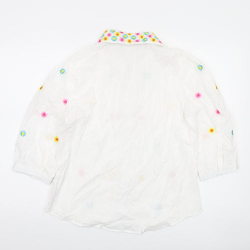 SO SWEET Women's White Embroidered Floral 3/4 Sleeve Button-Up Blouse S