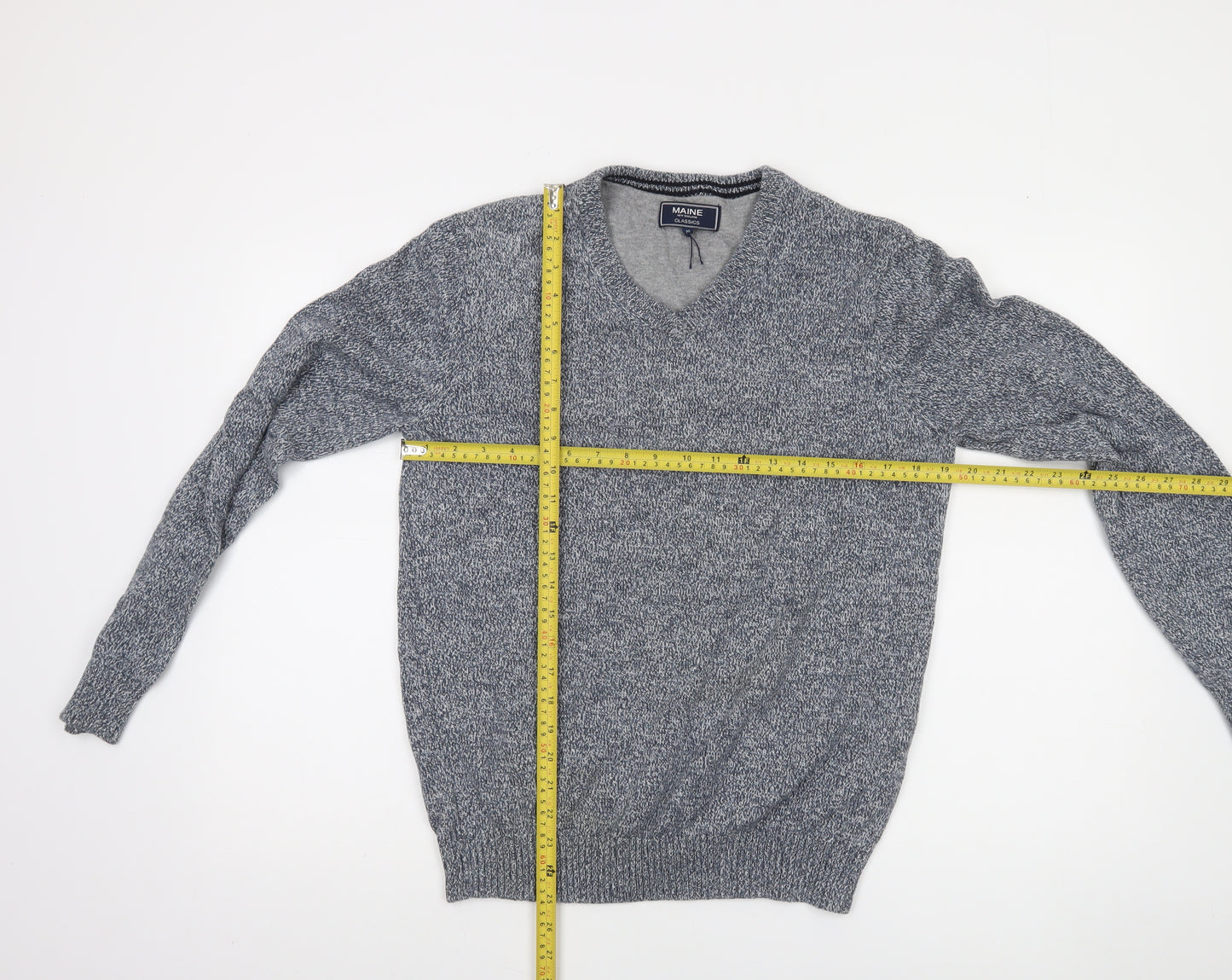 Maine New England Mens Grey V-Neck Knit Jumper Size M Classic Style