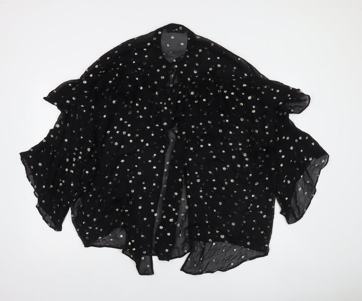 Zara Womens Black Metallic Polka Dot Ruffle Long Sleeve Tunic Blouse L