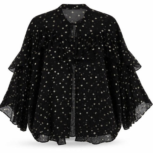 Zara Womens Black Metallic Polka Dot Ruffle Long Sleeve Tunic Blouse L