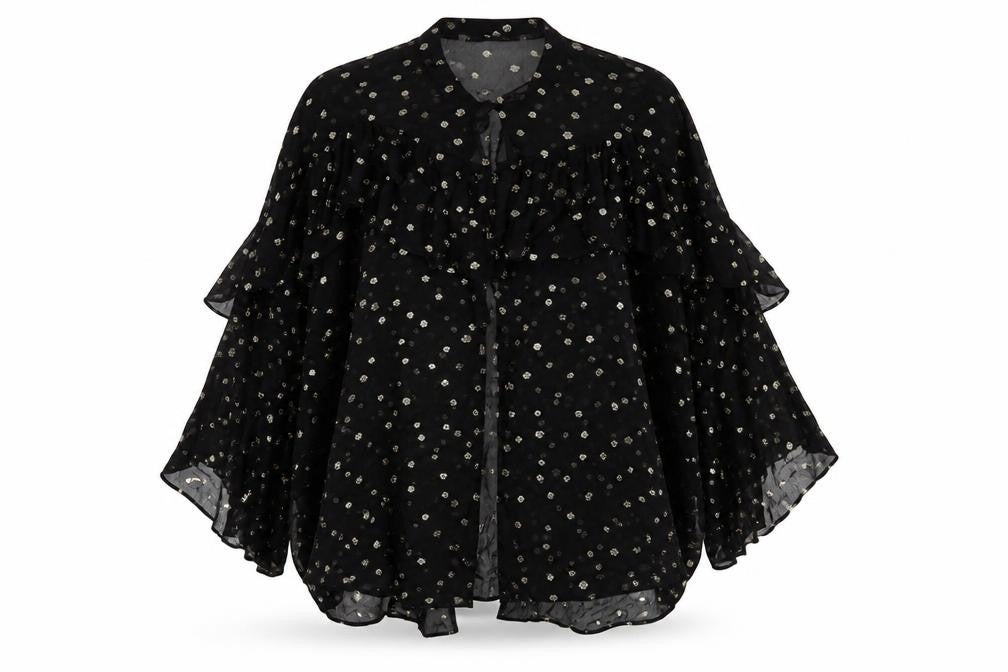 Zara Womens Black Metallic Polka Dot Ruffle Long Sleeve Tunic Blouse L
