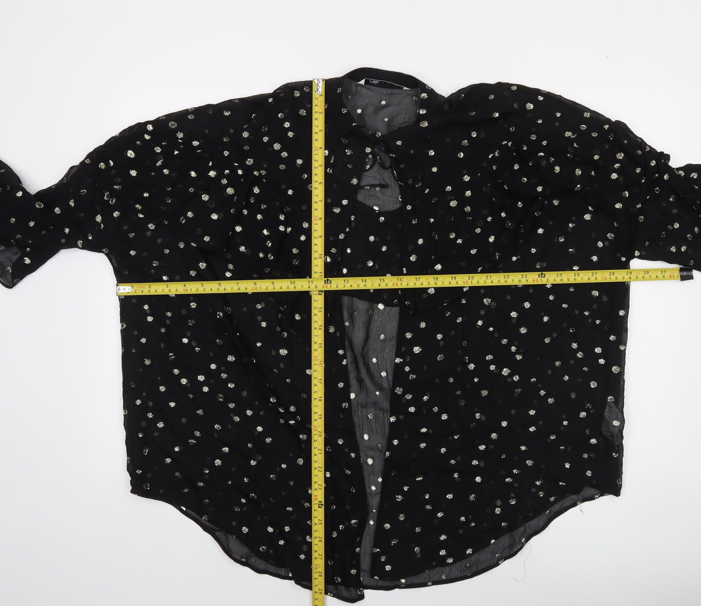 Zara Womens Black Metallic Polka Dot Ruffle Long Sleeve Tunic Blouse L