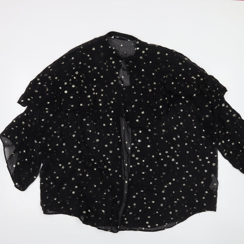 Zara Womens Black Metallic Polka Dot Ruffle Long Sleeve Tunic Blouse L