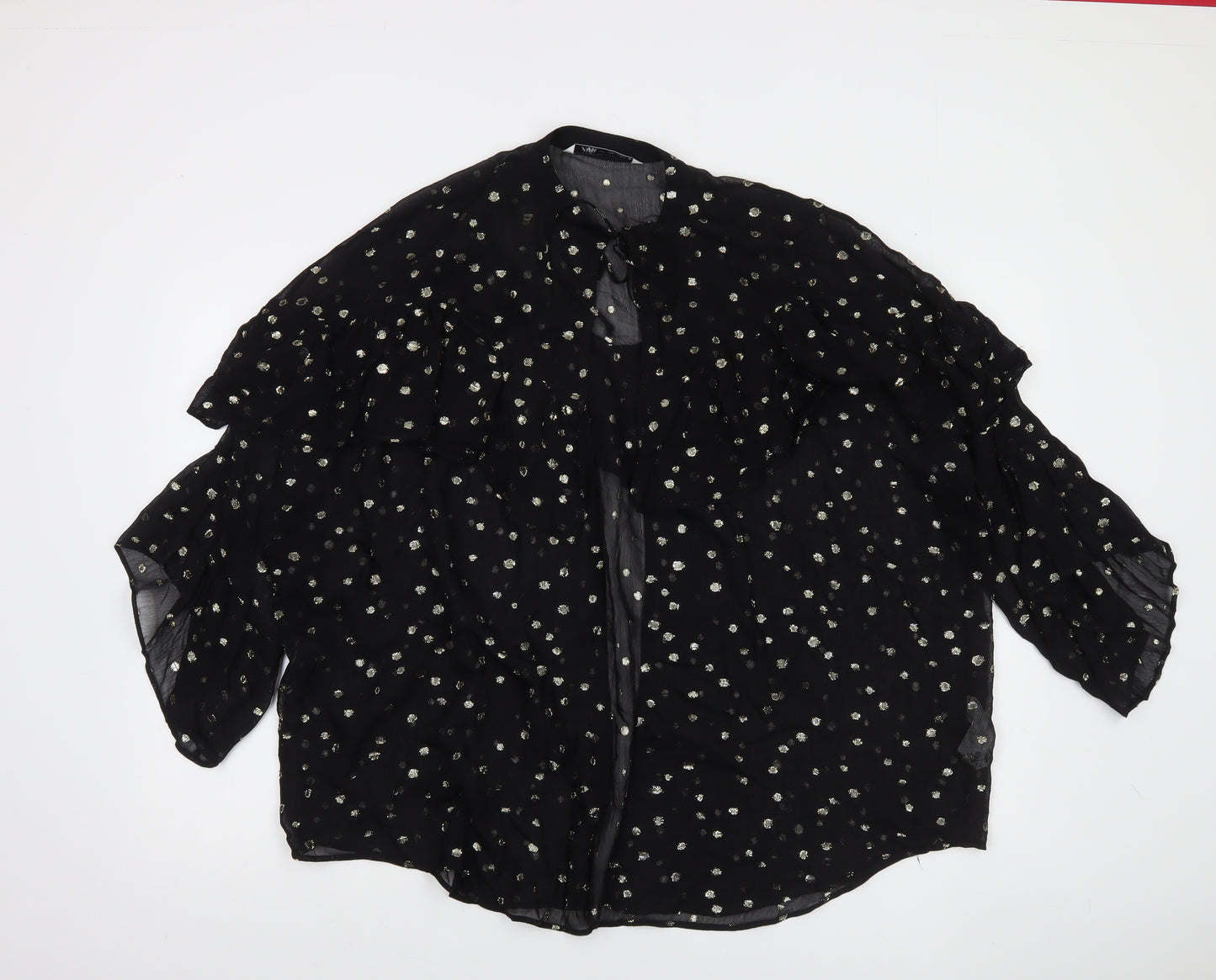 Zara Womens Black Metallic Polka Dot Ruffle Long Sleeve Tunic Blouse L