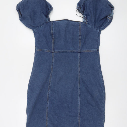 New Look Women's Blue Denim Puff Sleeve Short Bodycon Dress Size 14