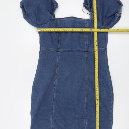 New Look Women's Blue Denim Puff Sleeve Short Bodycon Dress Size 14