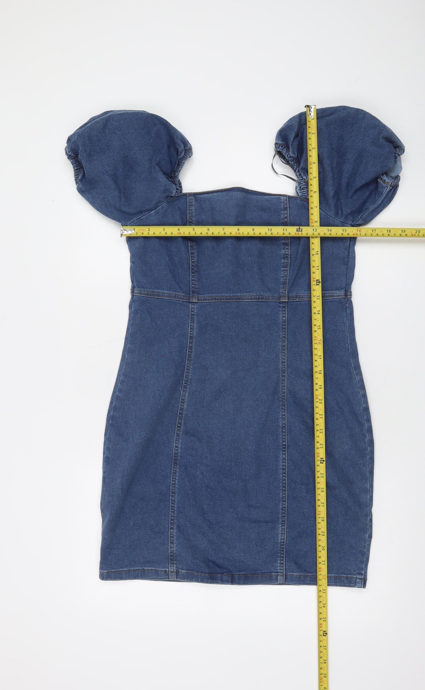 New Look Women's Blue Denim Puff Sleeve Short Bodycon Dress Size 14