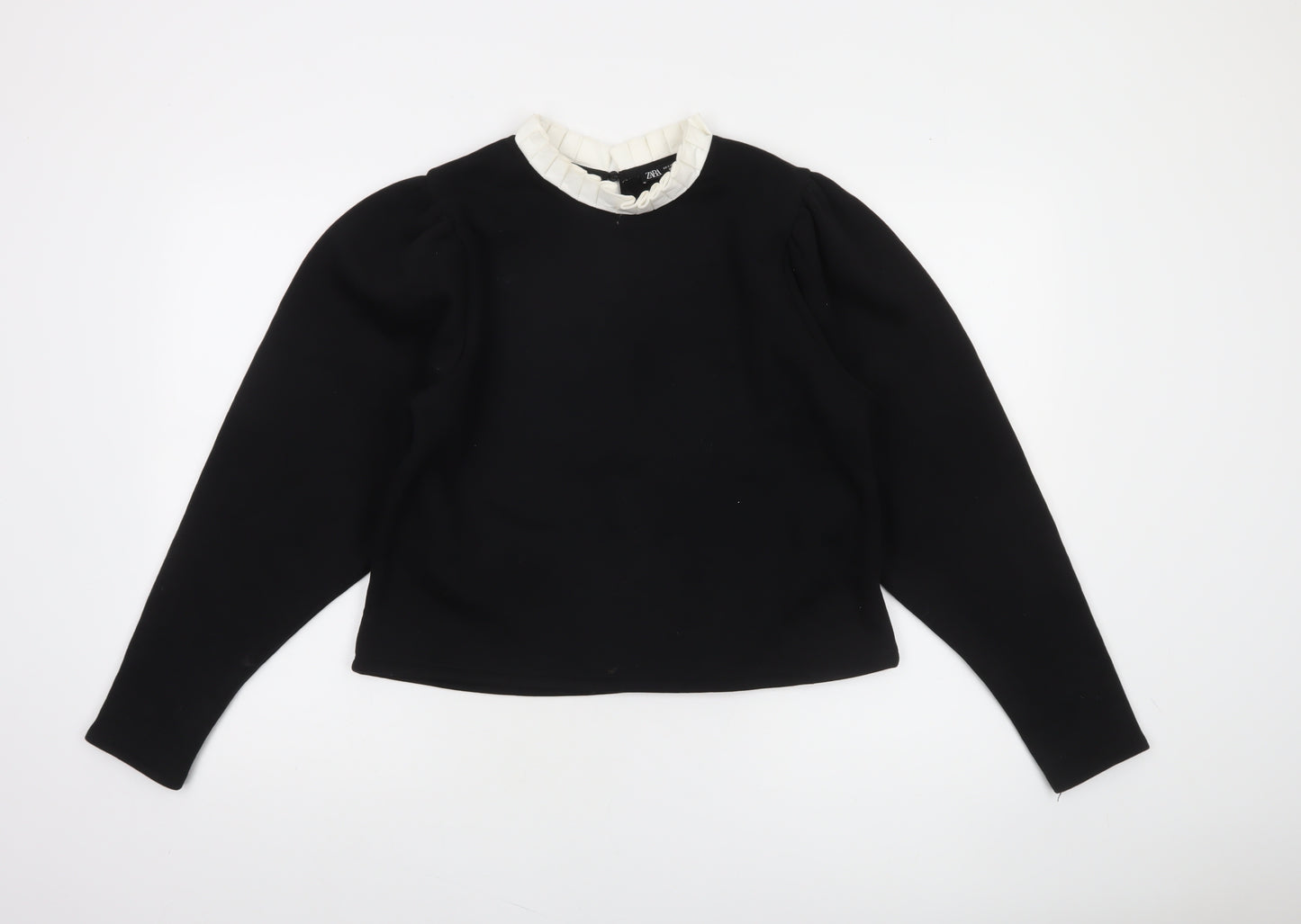 Zara Women Black Ruffle Collar Cropped Blouse Size S