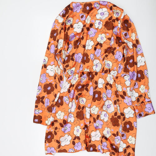Zara Women Orange Floral Wrap Dress Size 14 Ruched Detail