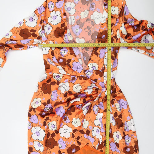 Zara Women Orange Floral Wrap Dress Size 14 Ruched Detail