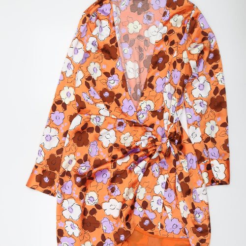 Zara Women Orange Floral Wrap Dress Size 14 Ruched Detail