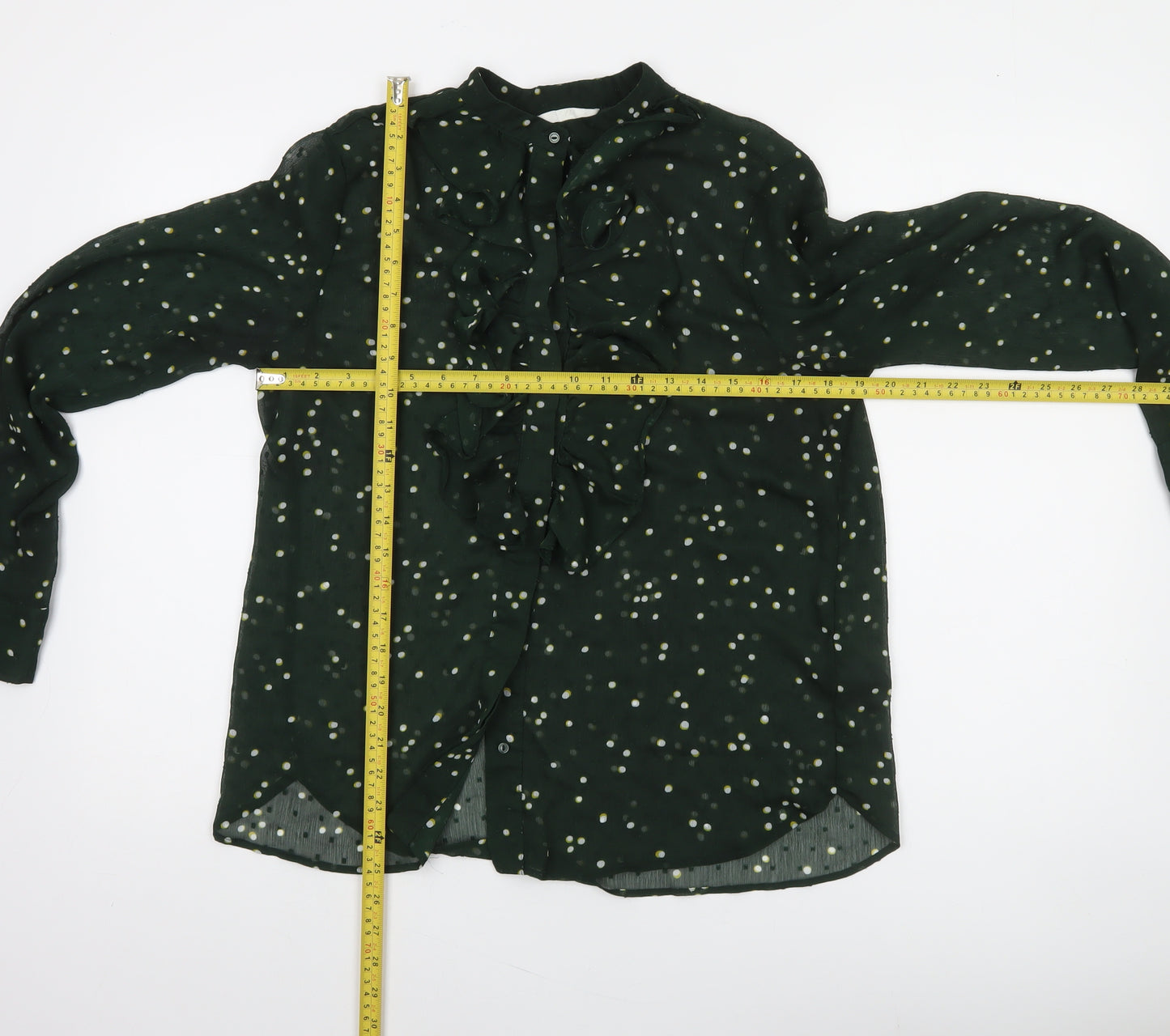 H&M Womens Green Polka Dot Ruffle Tunic Blouse Size 14