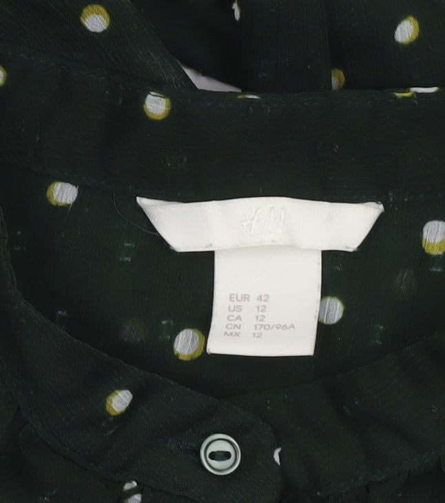 H&M Womens Green Polka Dot Ruffle Tunic Blouse Size 14