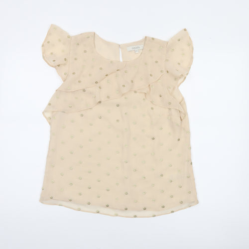 Oasis Women Beige Polka Dot Ruffle Chiffon Blouse Size 12