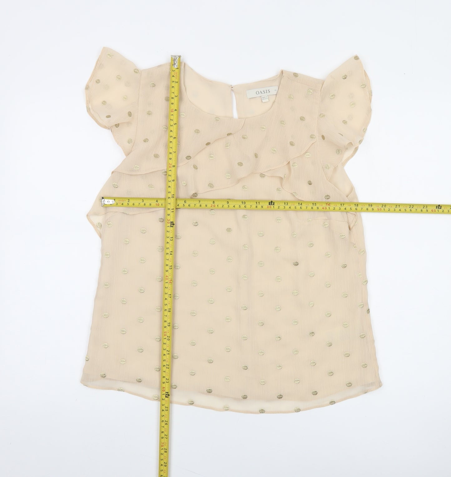 Oasis Women Beige Polka Dot Ruffle Chiffon Blouse Size 12