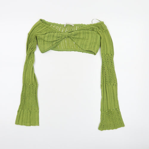 Pull&Bear Women Green Cropped Knit Long Sleeve Off Shoulder Top S
