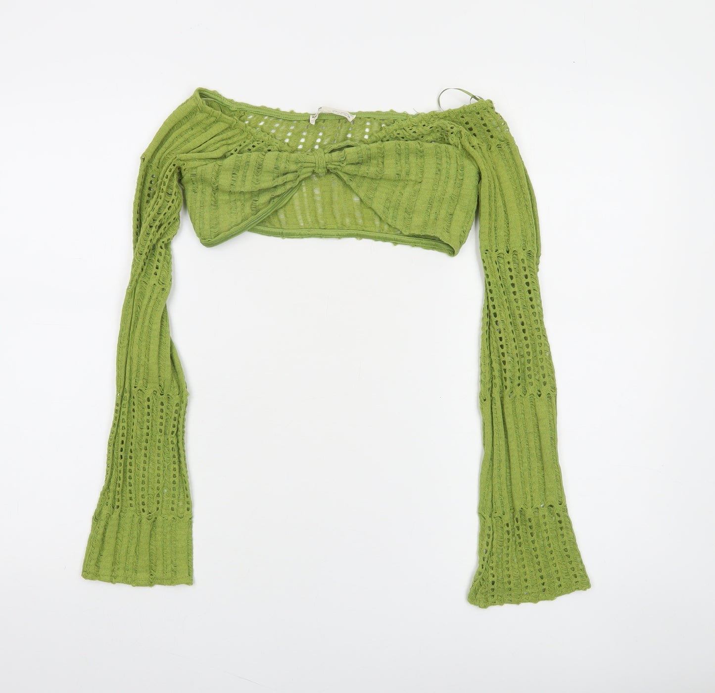Pull&Bear Women Green Cropped Knit Long Sleeve Off Shoulder Top S