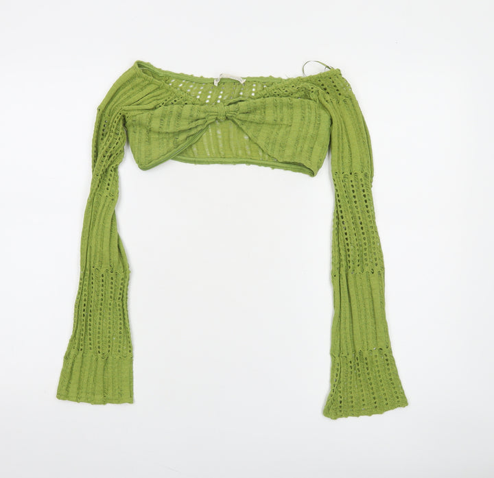 Pull&Bear Women Green Cropped Knit Long Sleeve Off Shoulder Top S