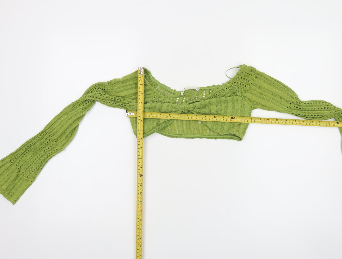Pull&Bear Women Green Cropped Knit Long Sleeve Off Shoulder Top S