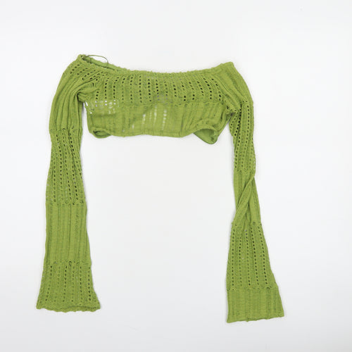 Pull&Bear Women Green Cropped Knit Long Sleeve Off Shoulder Top S