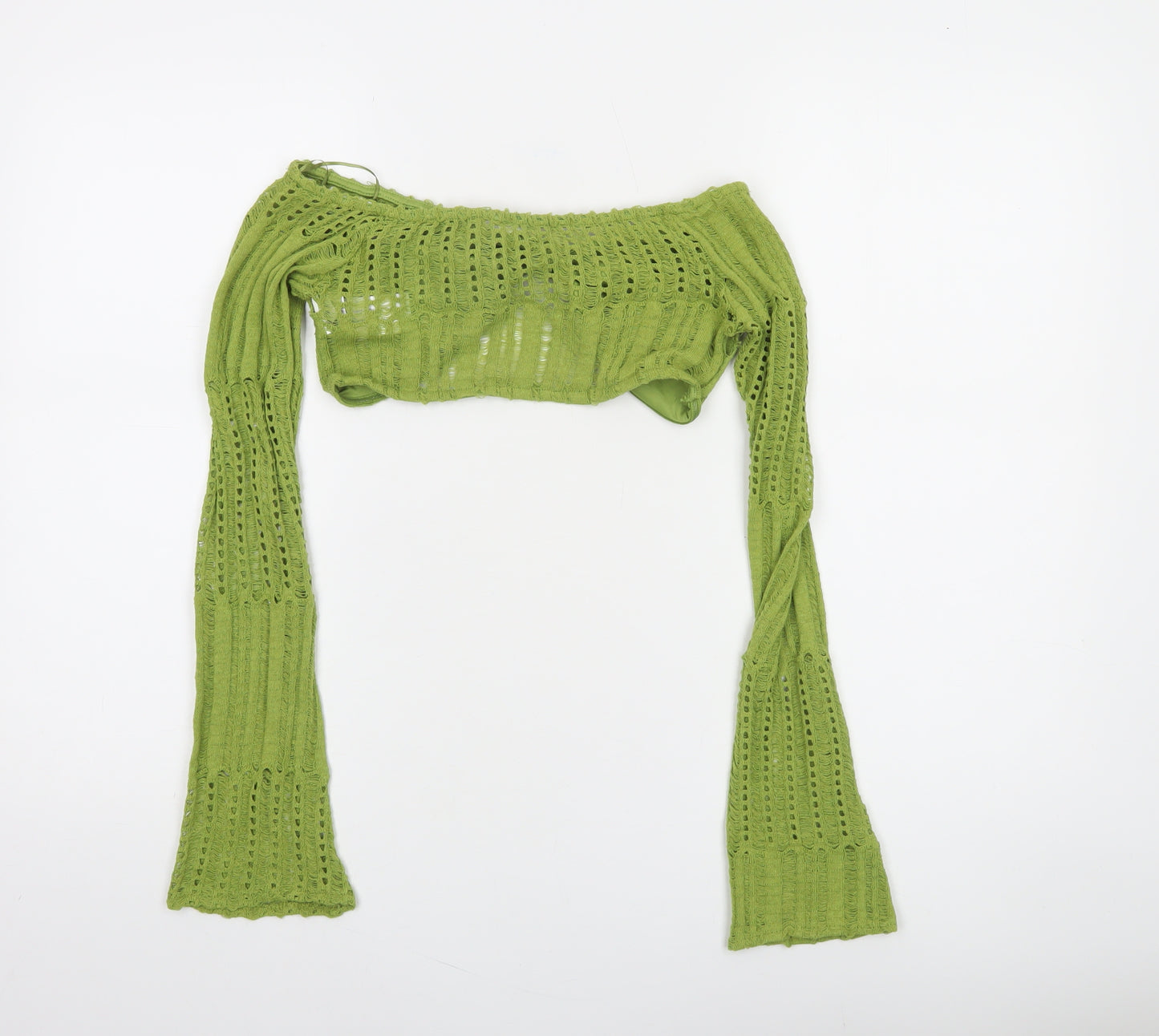 Pull&Bear Women Green Cropped Knit Long Sleeve Off Shoulder Top S