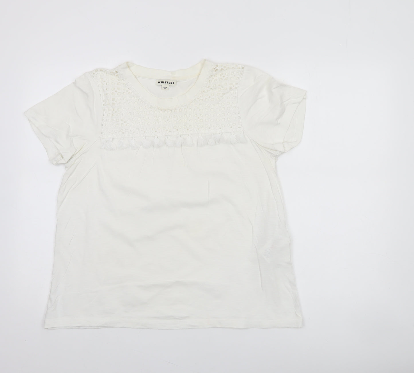 Whistles Women's White Cotton Crochet Detail T-Shirt UK 12