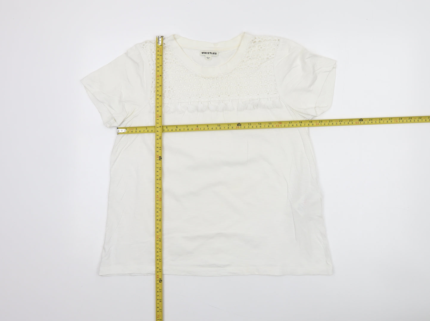 Whistles Women's White Cotton Crochet Detail T-Shirt UK 12