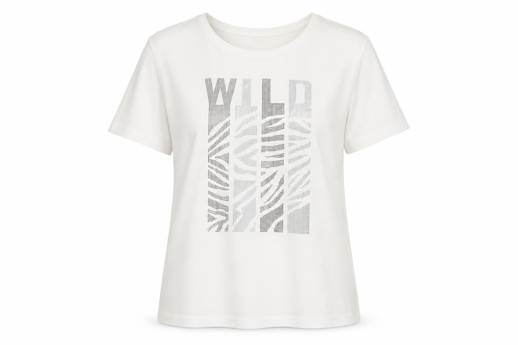 Front view of Icona women’s white rhinestone 'wild' t-shirt, size UK 16