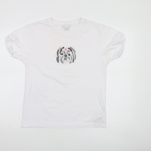 Topshop Women White Dog Print Cotton Blend Short Sleeve T-Shirt Size 10